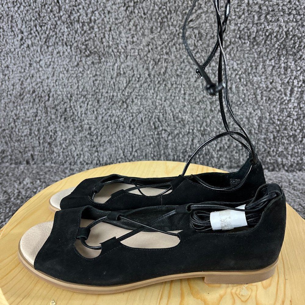 J Jill Gladiator Sandals Womens 8.5 Black Suede Peep Toe Leather Block Heel Shoe